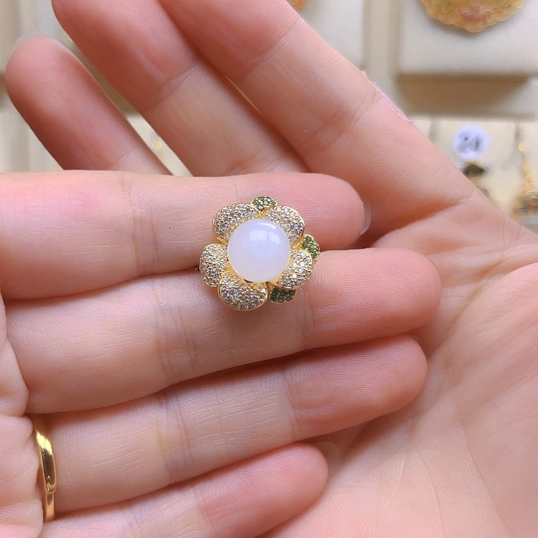 和田玉银S925镀金镶嵌戒指