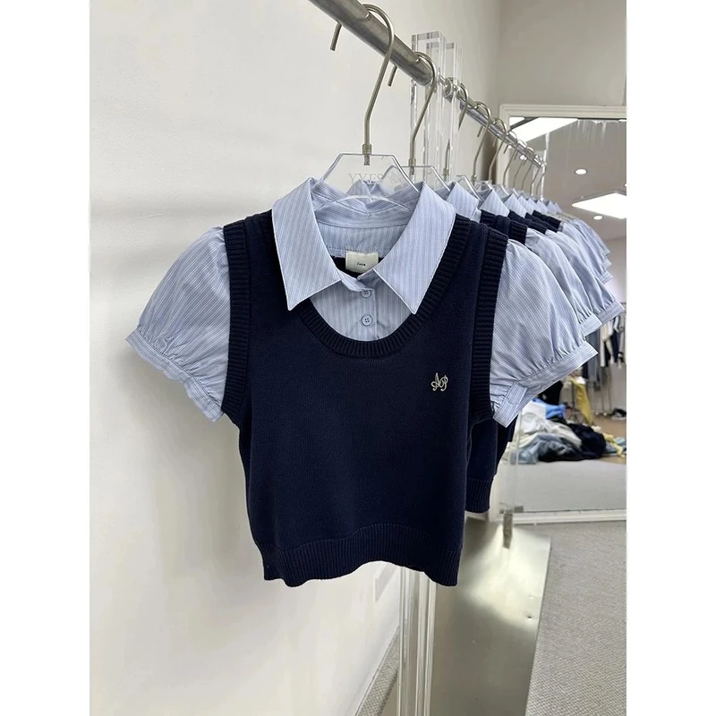 2025新款小众设计学院风高腰短款假两件拼接短袖衬衫女上衣百搭