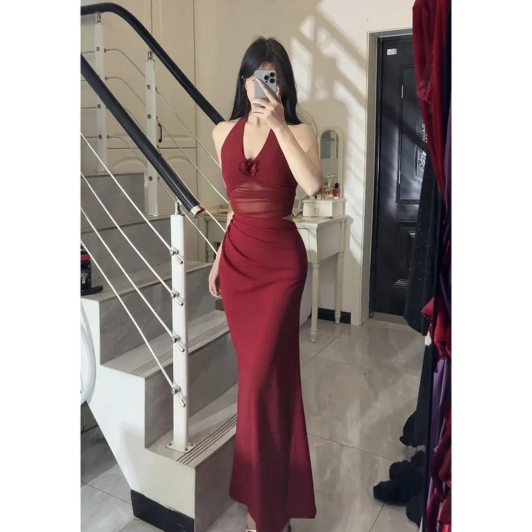 春夏无袖度假风酒红色长裙优雅连衣裙女装宴会服装气质长裙