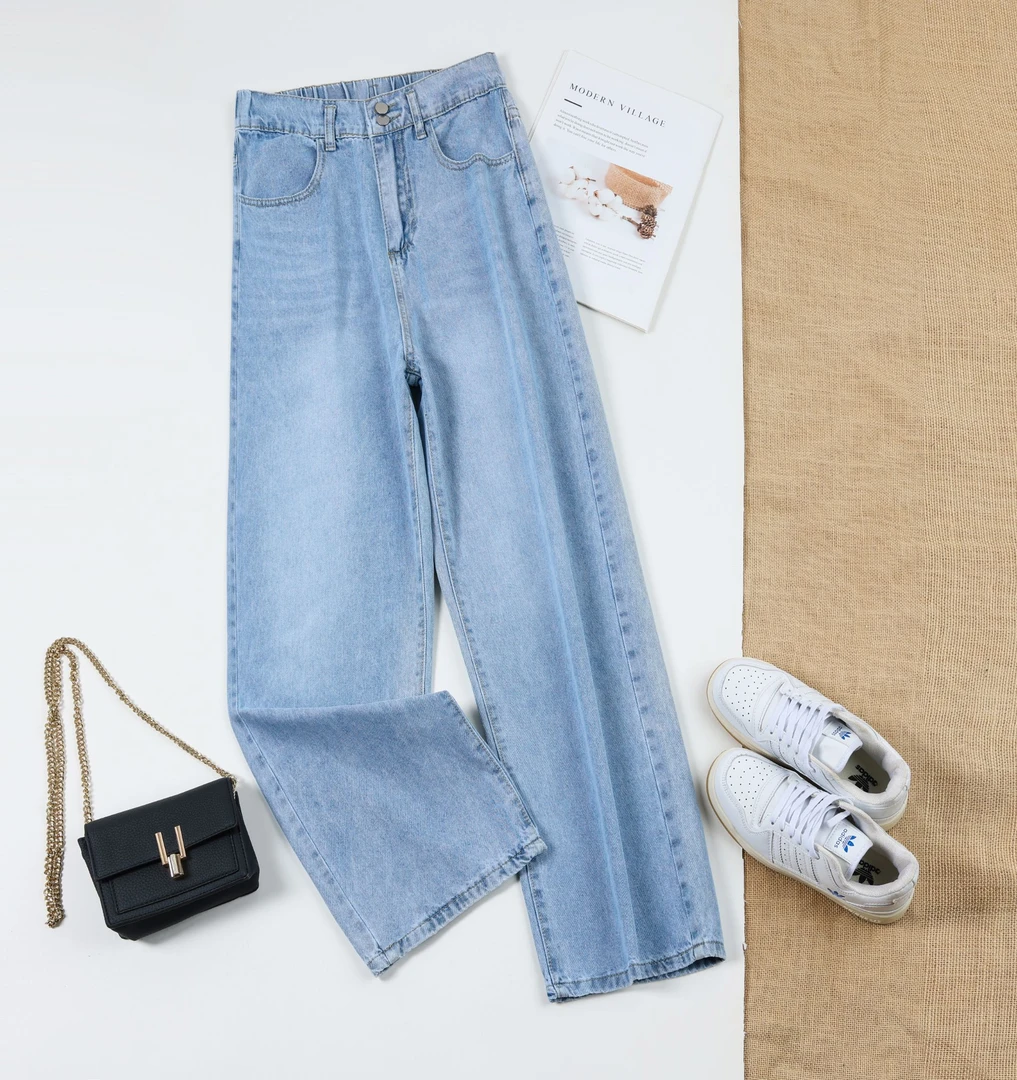 女2025新款高腰早秋阔腿裤微弹韩版水洗中国风长裤宽松牛仔裤