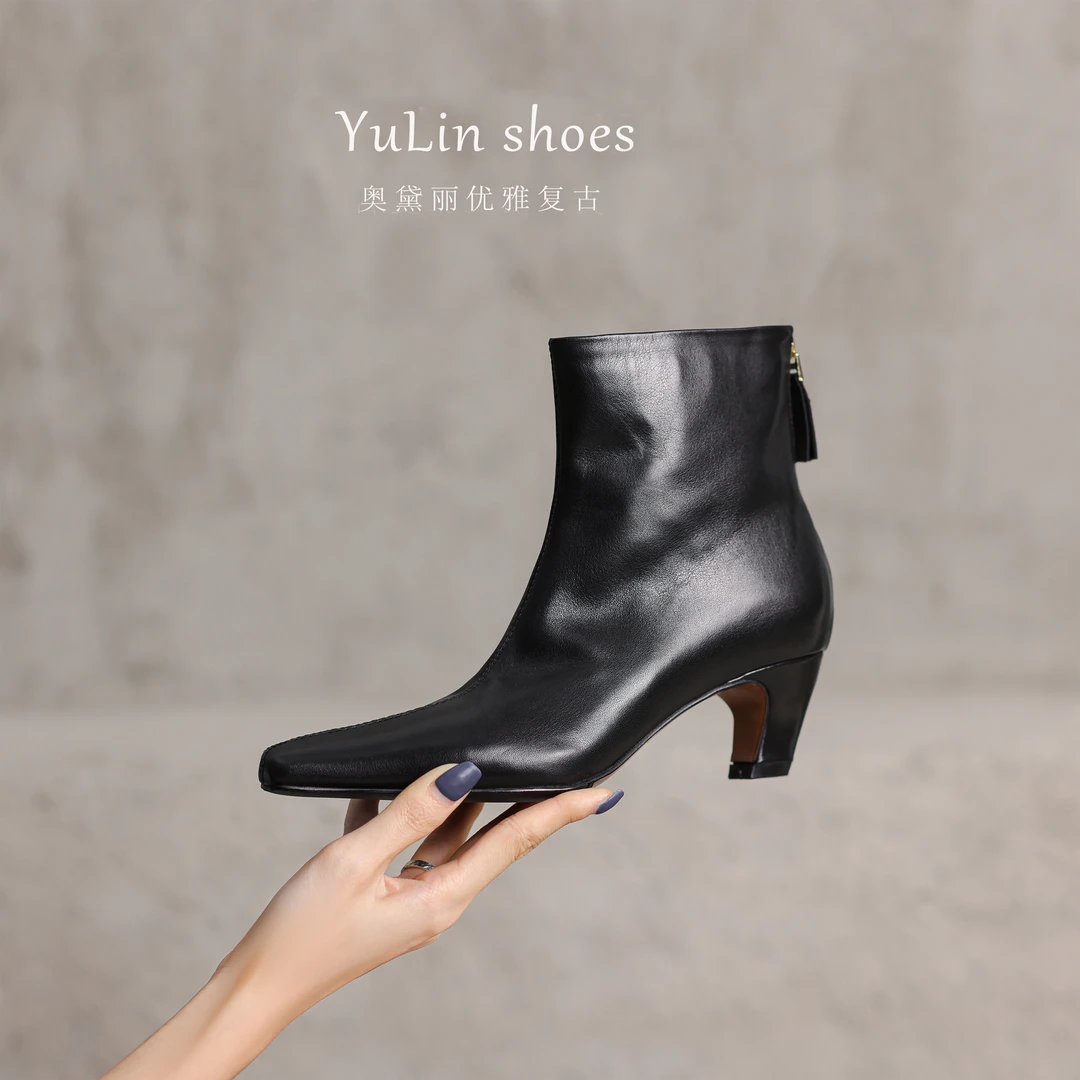 5cm/复古欧美风真皮高跟女靴细跟时装靴后拉链瘦瘦靴短筒百搭舒适