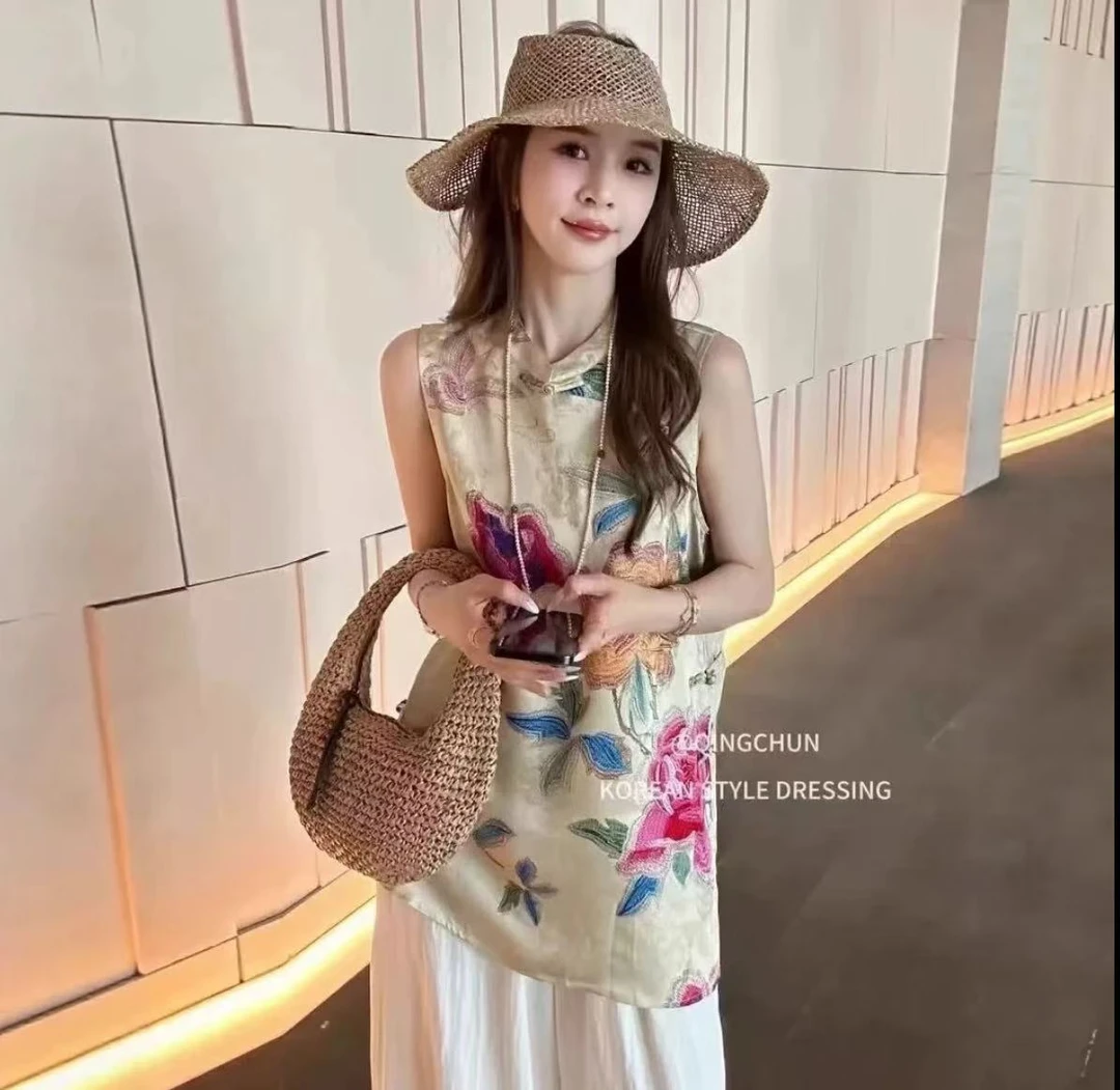 长款无袖无扣斜襟立领中长款上衣百搭时尚职场休闲风