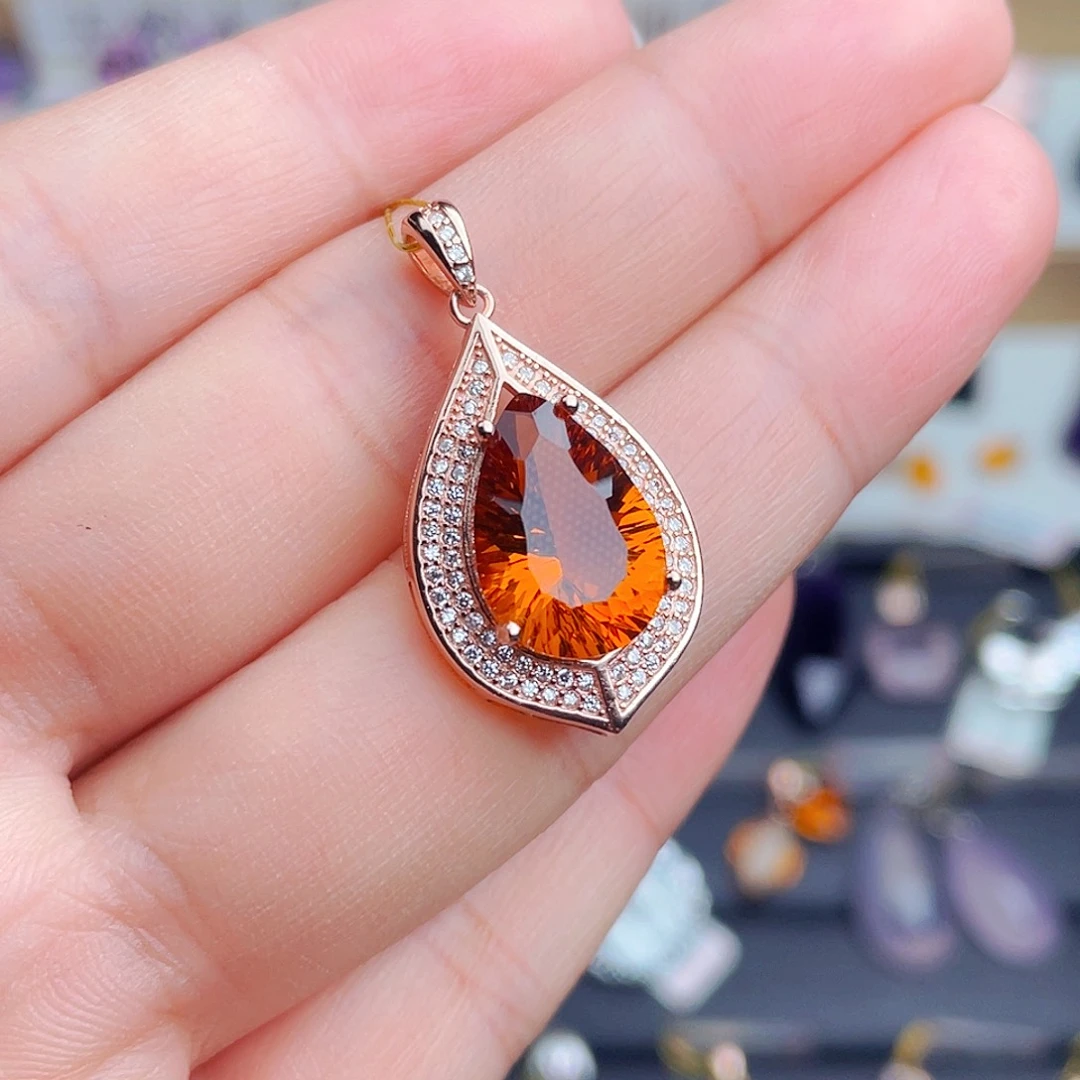 水晶银S925镶嵌珠宝半成品天然保真黄水晶吊坠