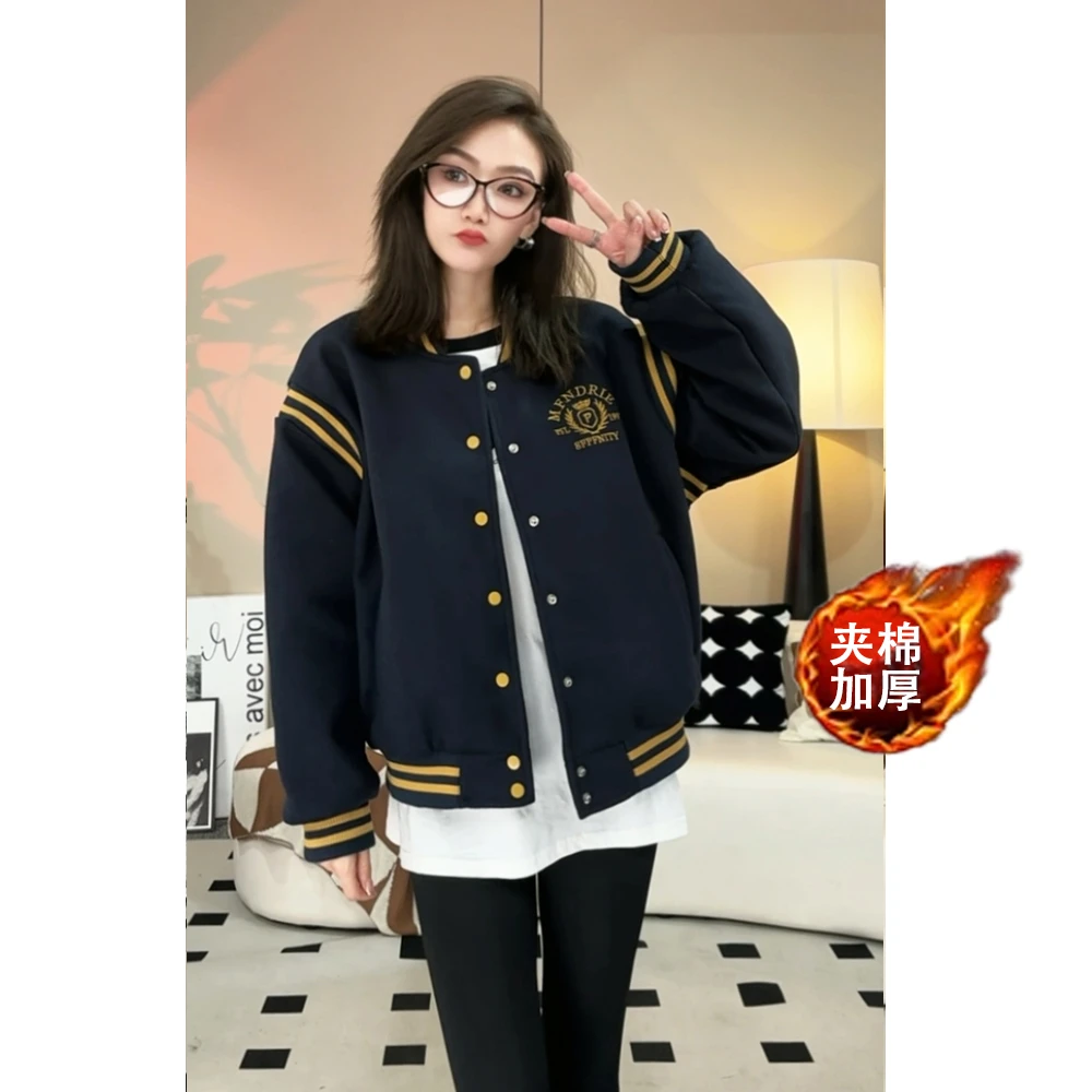 秋冬新款休闲百搭毛呢情侣棒球服宽松版时尚复古棒球服设计感撞色