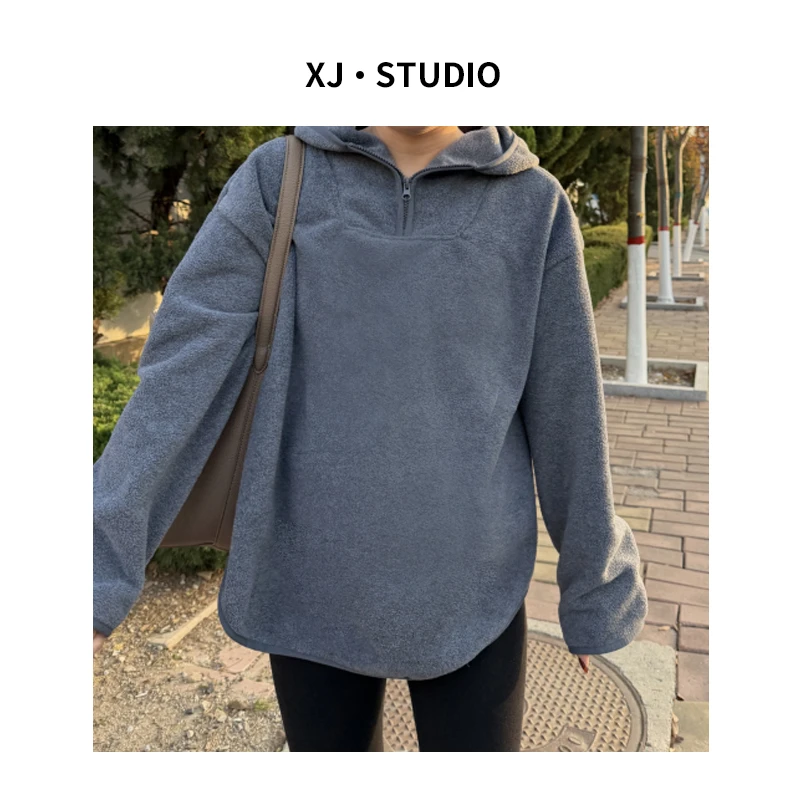 长袖长款不起球宽松卫衣拉链宽松型女秋冬纯色连帽