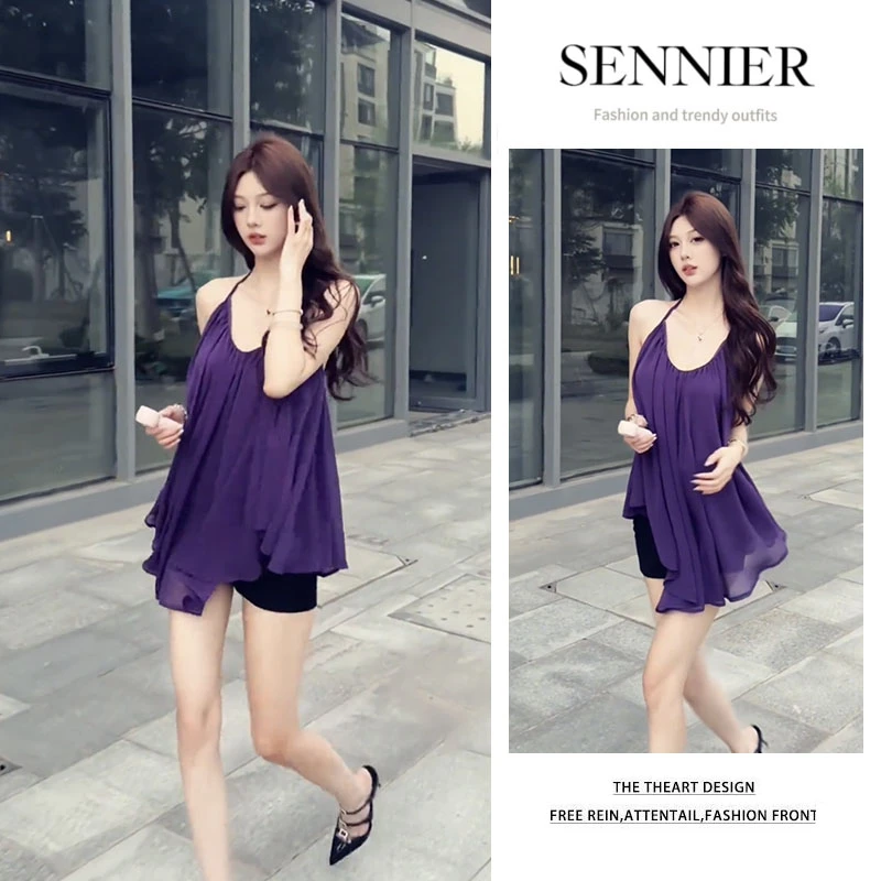 夏季穿搭2025新款气质高级感不规则无袖挂脖上衣显瘦短裤两件套女