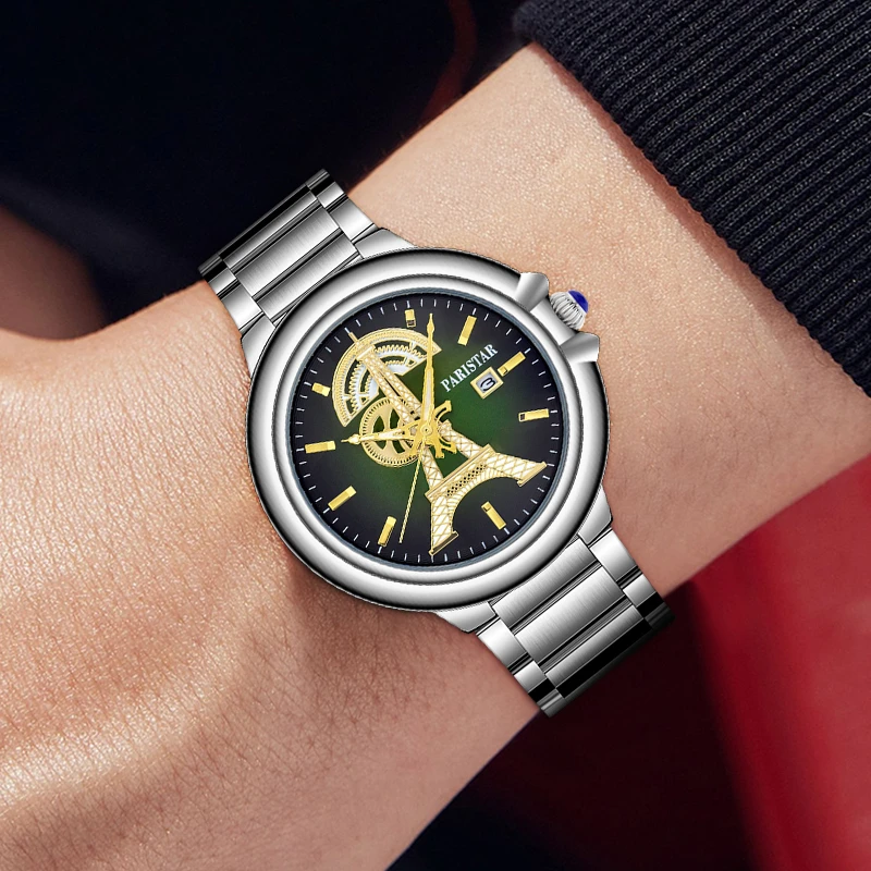 （云仓现发)法国巴黎铁塔男士单日历手表防水经典潮流全自动腕表