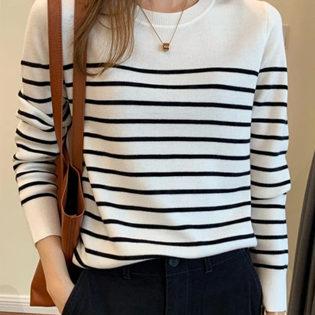 棉黑白条纹女式针织衫2025新款套头针织衫外穿和长袖底衫