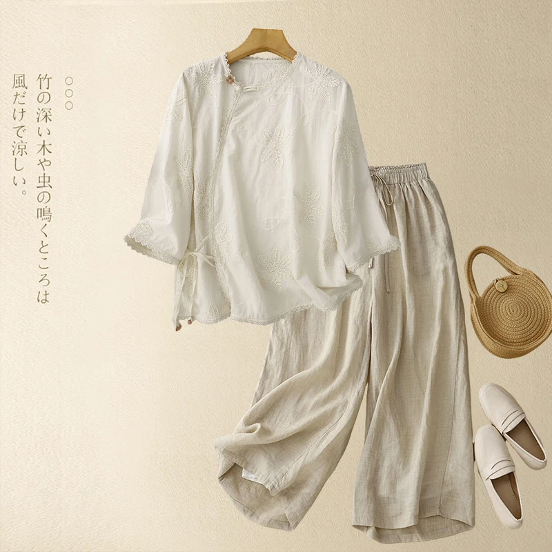 高级感妈妈亚麻穿搭一整套装女2025夏季新款大码上衣阔腿裤两件套