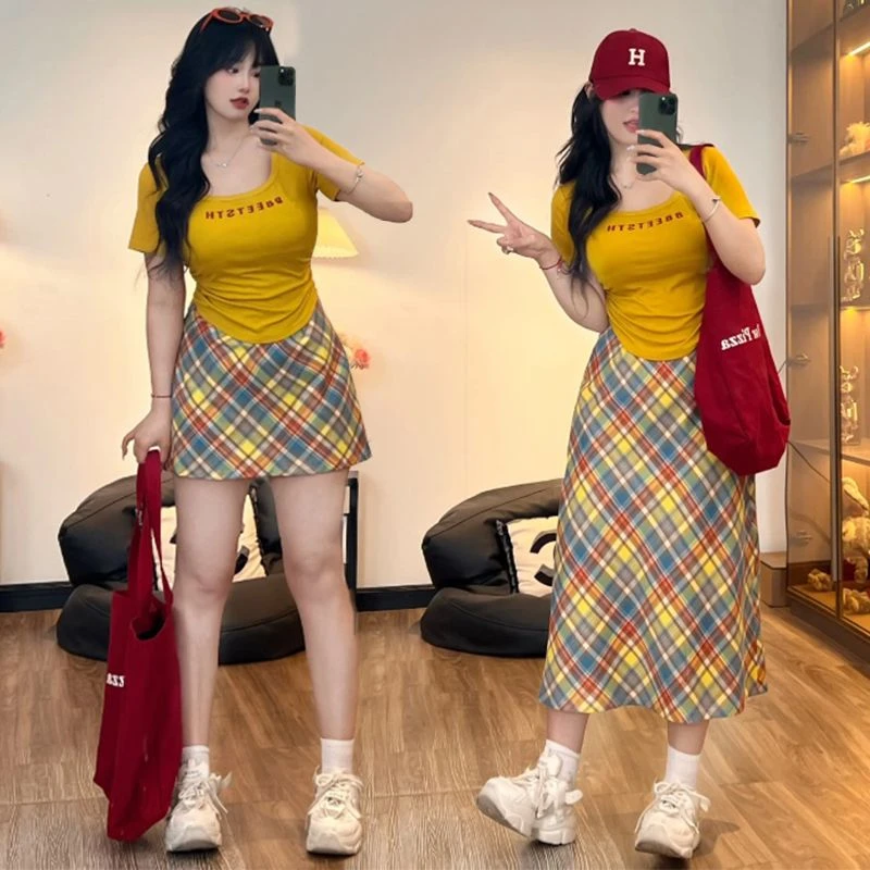 大码美式短款套装夏季微胖mm遮肉显瘦短袖T恤+格子短裙两件套