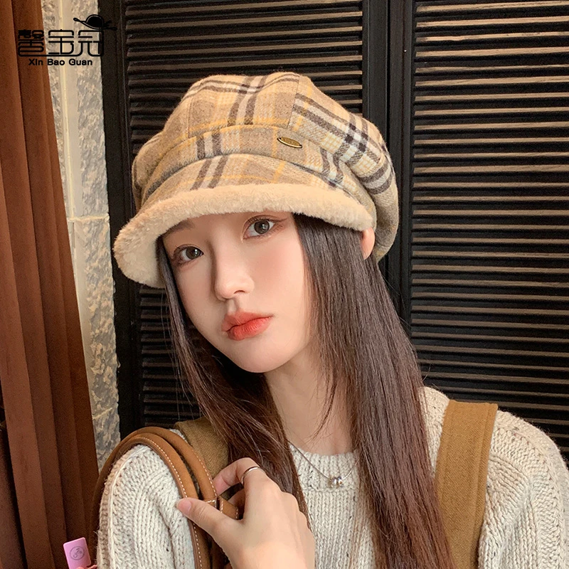 秋冬季复古格子毛绒保暖八角帽百搭显脸小贝雷帽高级感鸭舌画家帽