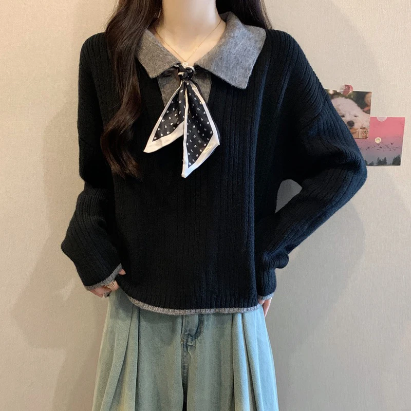 大码女装遮肚子丝巾翻领针织衫女秋冬胖mm宽松显瘦减龄百搭毛衣