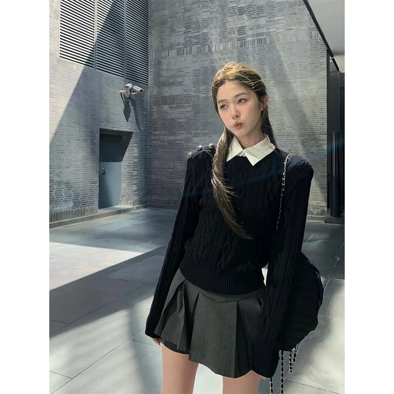 通勤气质学院风假两件设计Polo领针织衫女2025年新款百搭长袖上衣