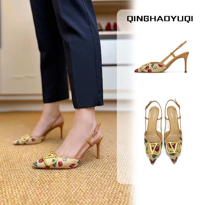 2025春季新款高跟V扣尖头樱桃细跟浅口女神女士通勤包头单鞋后空