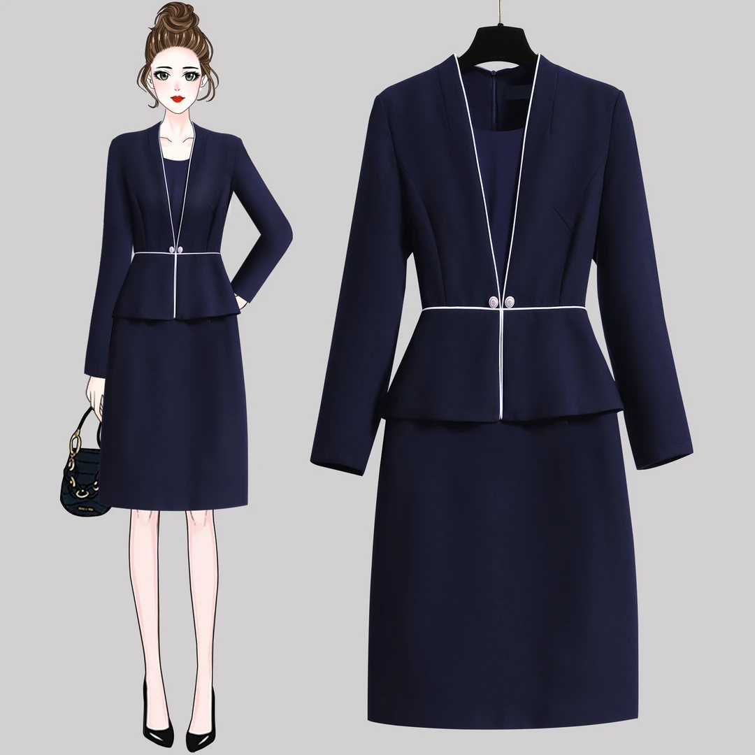 高端假两件职业连衣裙套装气质名媛小香风美容金店前台商务工装女