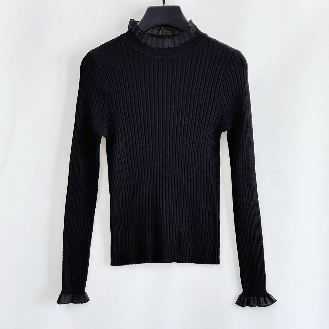 JESSICA WU通勤款~罗纹袖口荷叶边装饰立领针织衫254504081