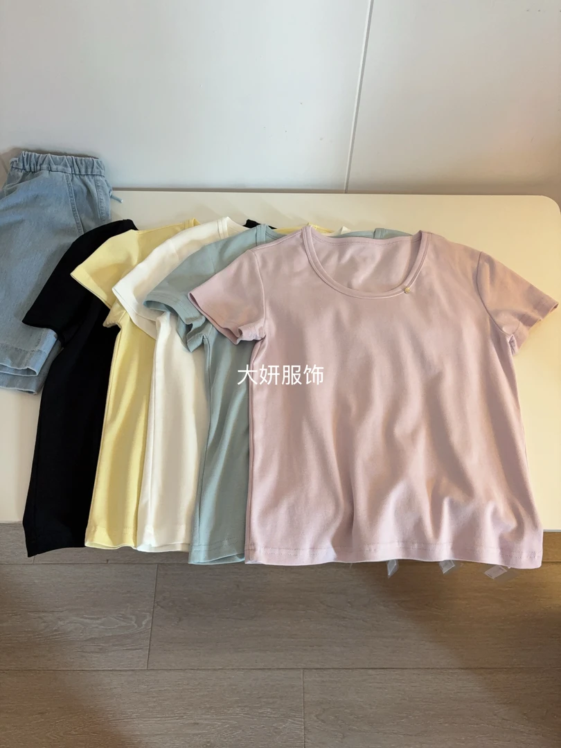 小扣子多巴胺！纯色T！超显瘦正肩短袖百搭T恤3375