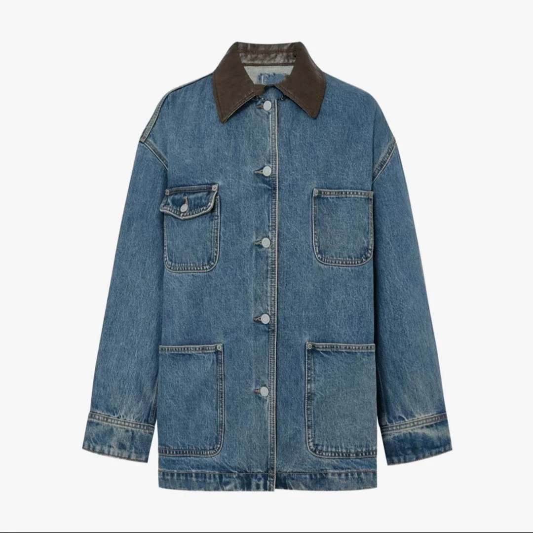 【牛仔很忙】秋新品皮领工装廓形烂边牛仔夹克