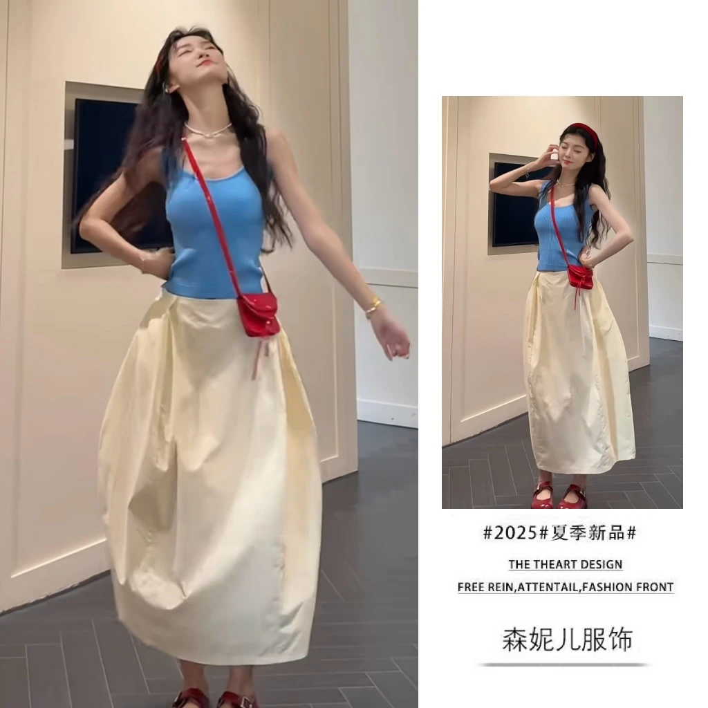 夏季温柔系穿搭女2025新款休闲时尚U领背心显瘦宽松半身裙两件套