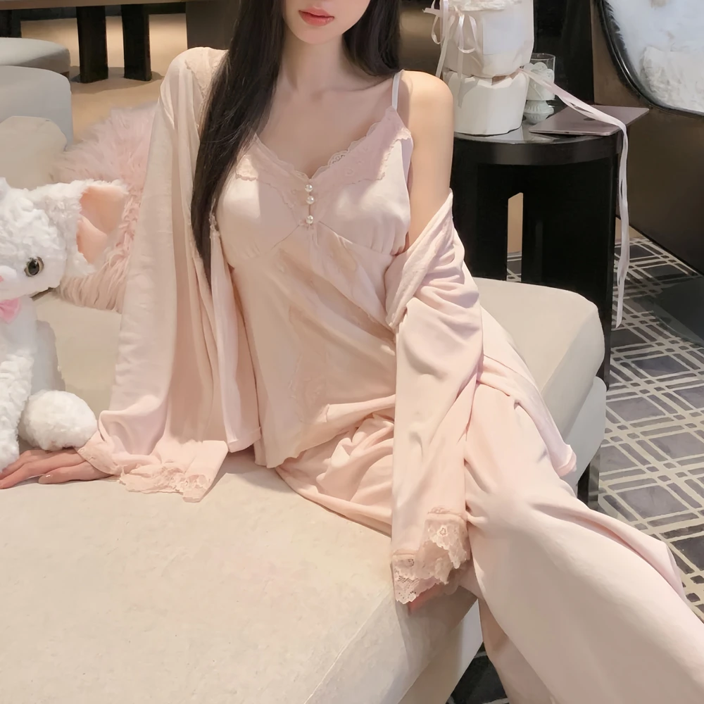 【暖浮】软乎乎长袖睡衣三件套双面海岛绒秋冬显瘦居家甜美蕾丝公主