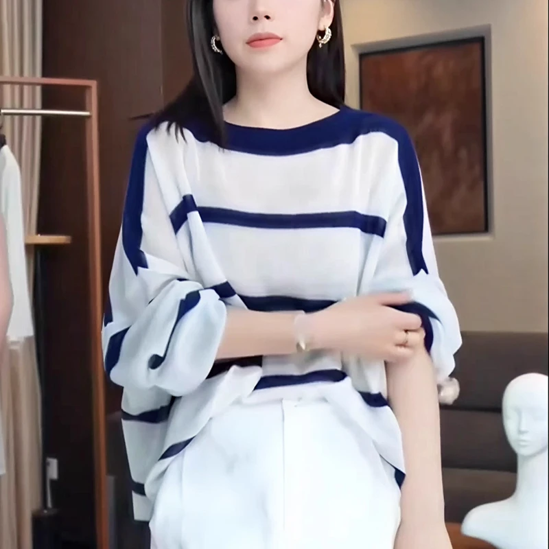 2025春秋季新款女士时尚气质条纹撞色长袖针织衫圆领宽松漂亮上衣