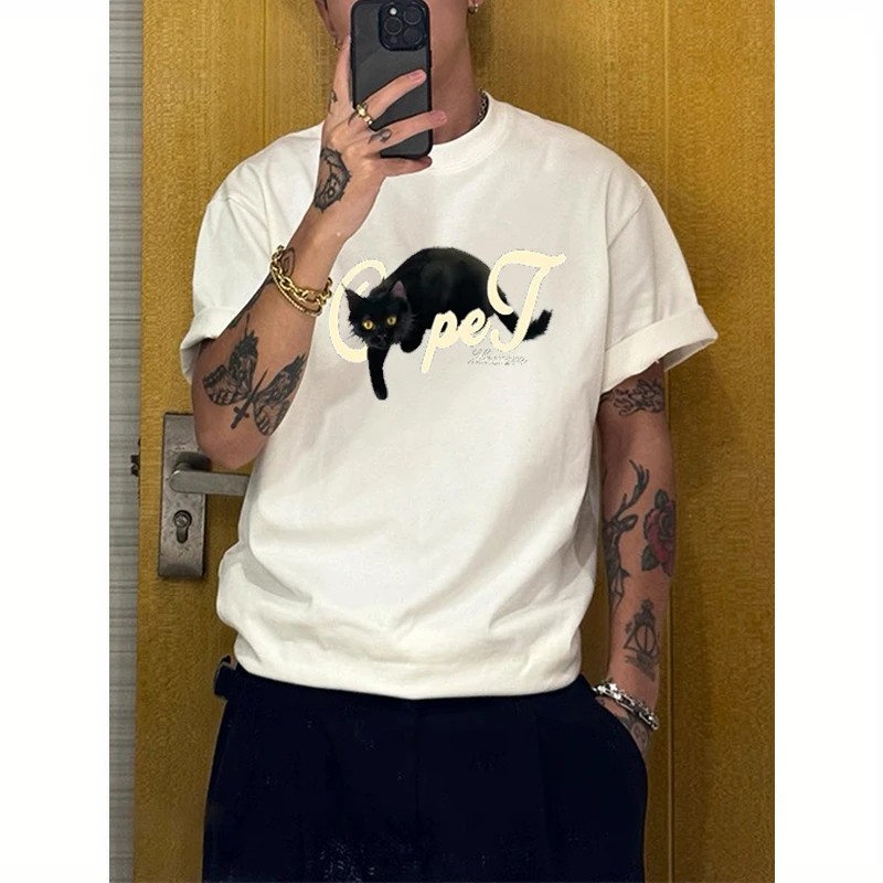 重磅国潮BF猫咪印花短袖T恤男美式西海岸宽松潮流百搭夏季透气ins