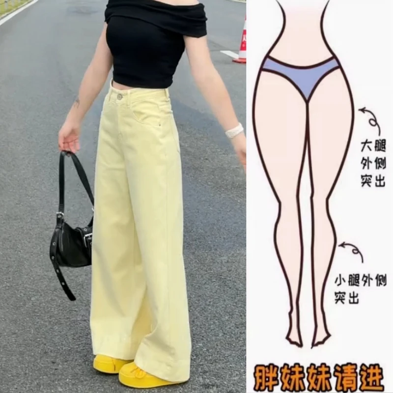Aimeerosa/艾洛莎黄色高级感直筒牛仔裤女2025夏季高腰显瘦阔腿裤