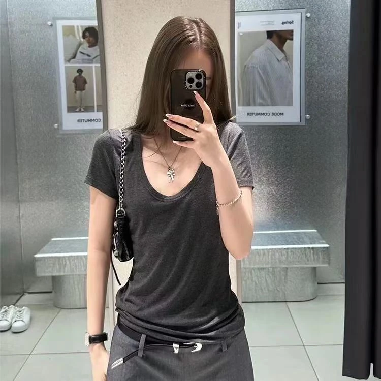 UMI家正肩收腰宽松U领显瘦百搭慵懒风夏季女纯色设计感垂感上衣潮