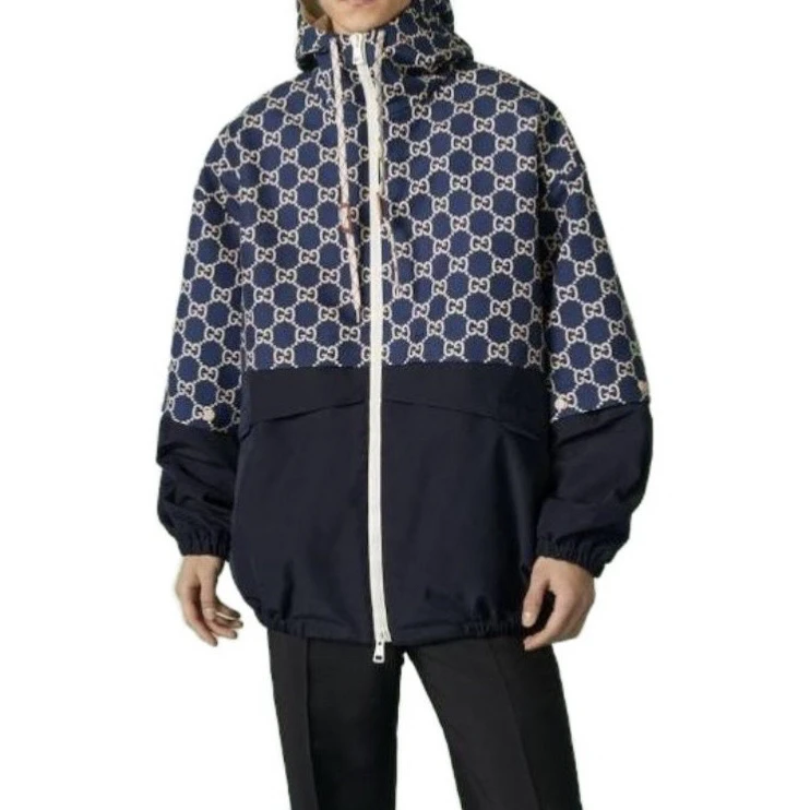 99新 GUCCI/古驰 52890/海军蓝满印拉链连帽长袖夹克外套/48码