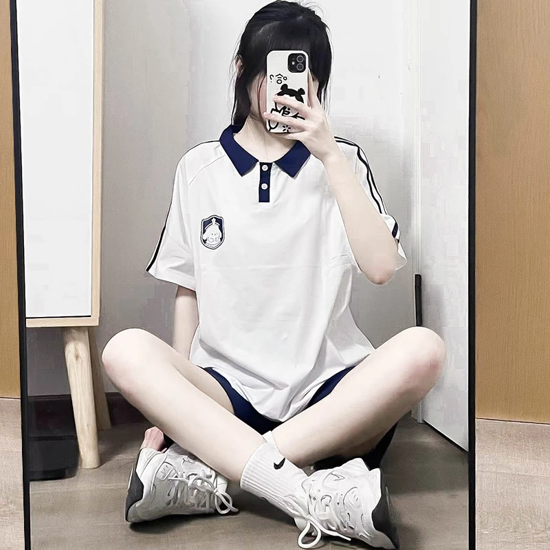 POLO衫套装女学院海军小熊软妹可爱宽松短袖T恤+短裤两件套装女夏