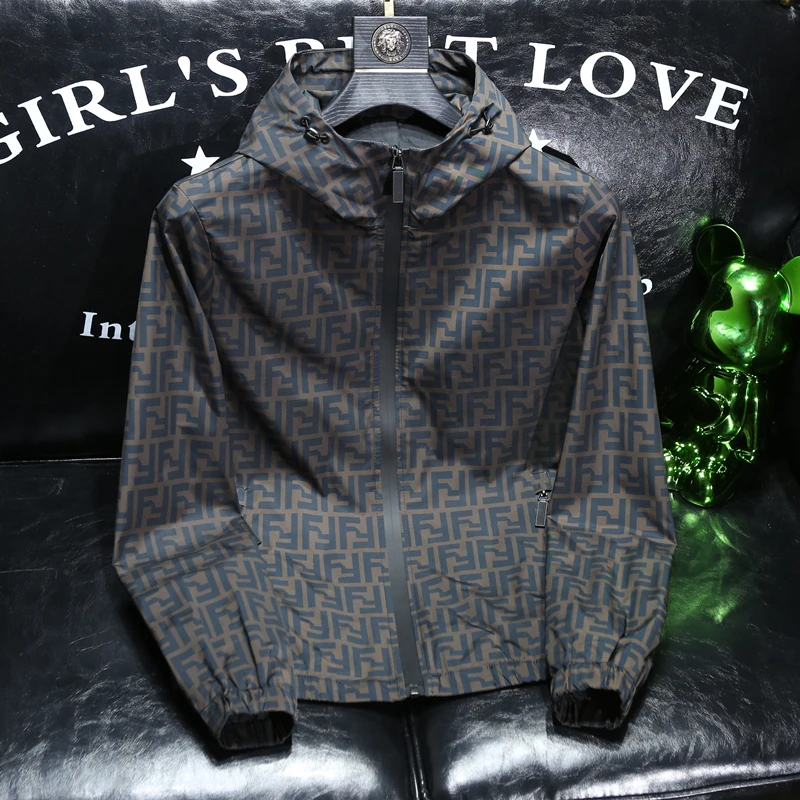 加大码300斤秋季字母印花薄款夹克衫男士轻奢潮牌修身男连帽夹克2