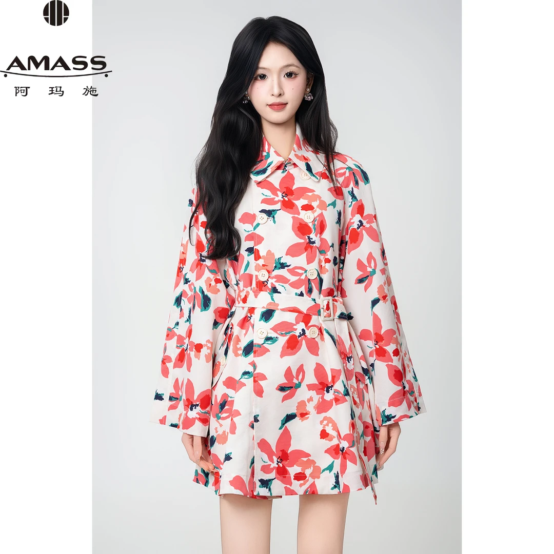 AMASS/阿玛施早春新款气质优雅印花双排扣中长款风衣外套 5400631