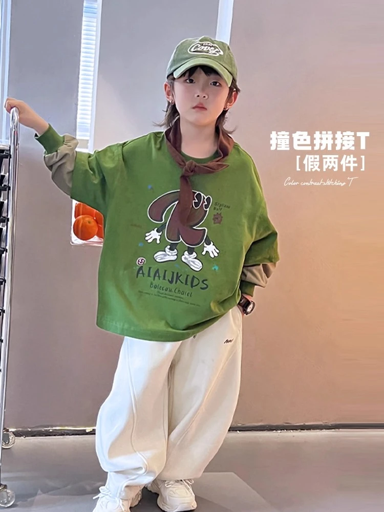 男童T恤长袖春装2025新款儿童春季复古中大童假两件圆领显白上衣