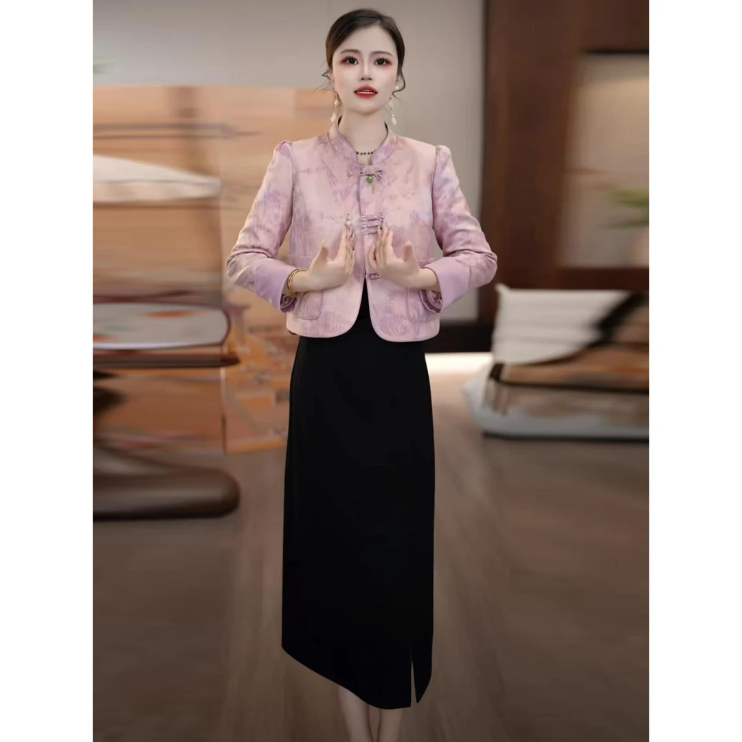 2025秋季新中式国风蝶恋花提花上衣短外套+黑色连衣裙套装M-4XL