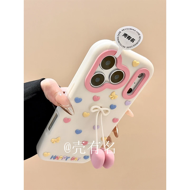 少女心立体彩色爱心蝴蝶结吊坠适用苹果17手机壳iPhone16/15/14软