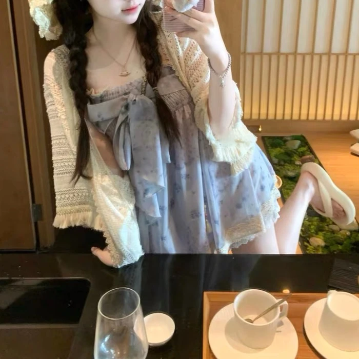 鸢尾来信古着紫色碎花蕾丝度假吊带裙搭披肩少女小套装