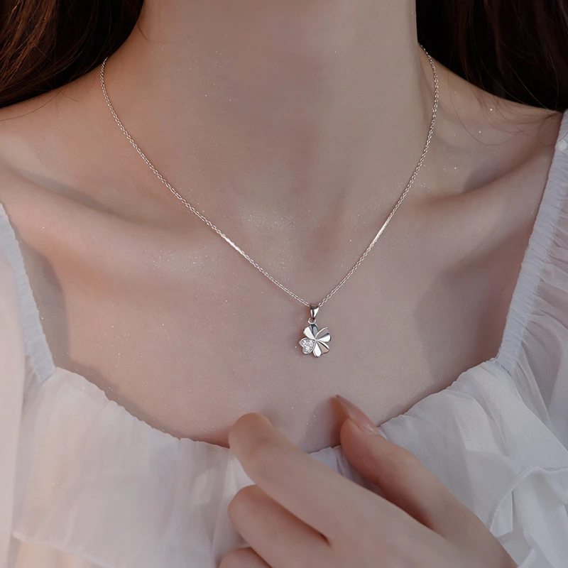 坠链均足银锆石 999纯银四叶草项链女2025时尚精致锁骨链短毛衣链
