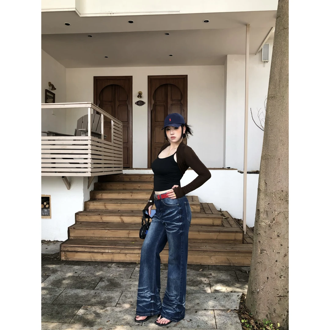 Li Napping梨形微胖美式复古直筒褶皱裤子猫须休闲显瘦牛仔裤