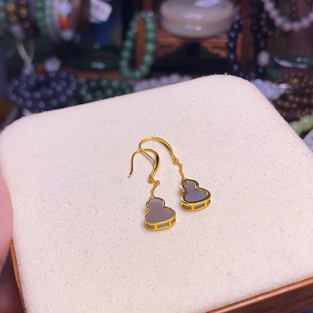 未镶嵌手镯和田玉烟紫老料银镶葫芦耳坠