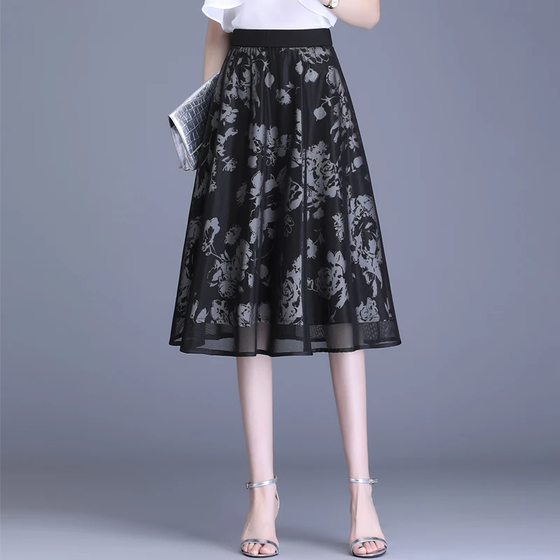 拉夏贝尔网纱印花半身裙女2025夏季中长款垂感伞裙高腰显瘦a字裙