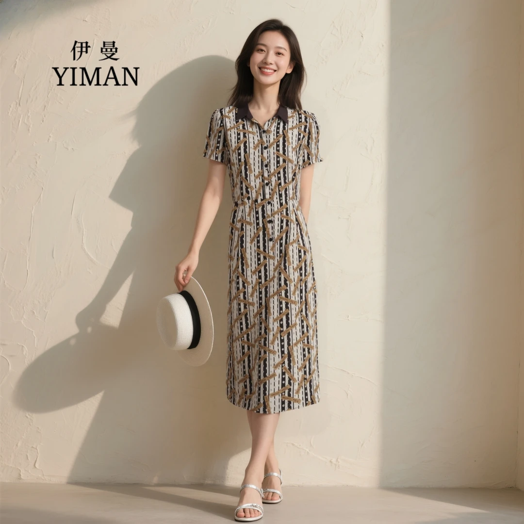 W920夏季休闲风印花拼接连衣裙复古提花