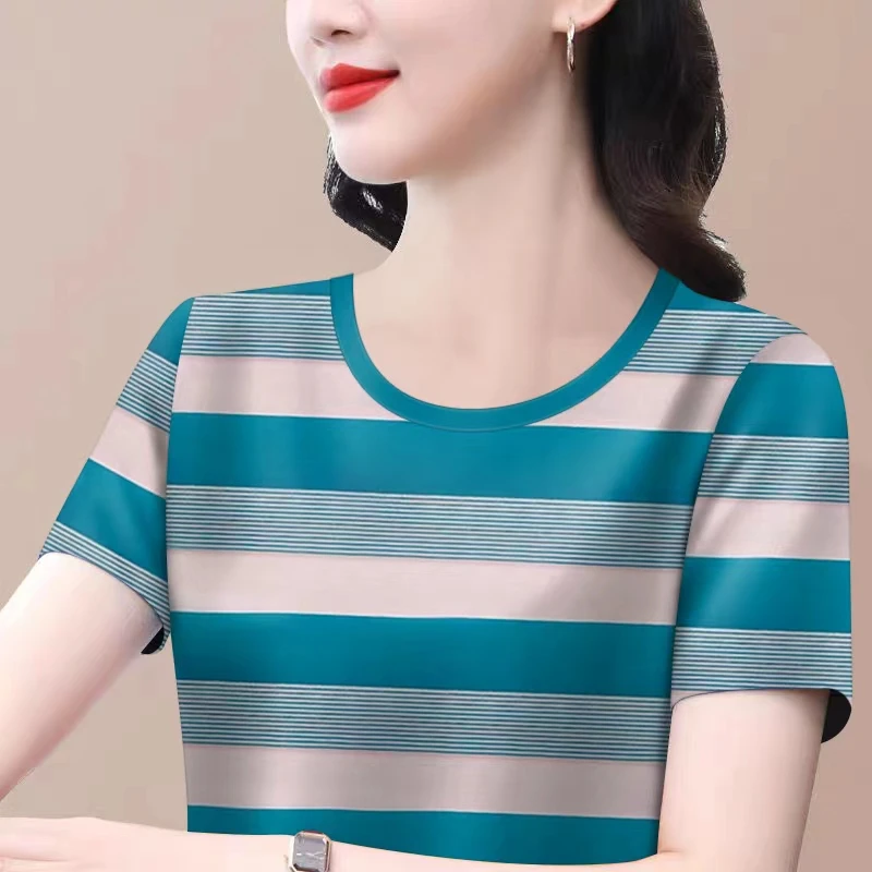 好品捡漏~夏季款条纹短袖t恤女大码宽松遮肚显瘦圆领打底上衣时尚