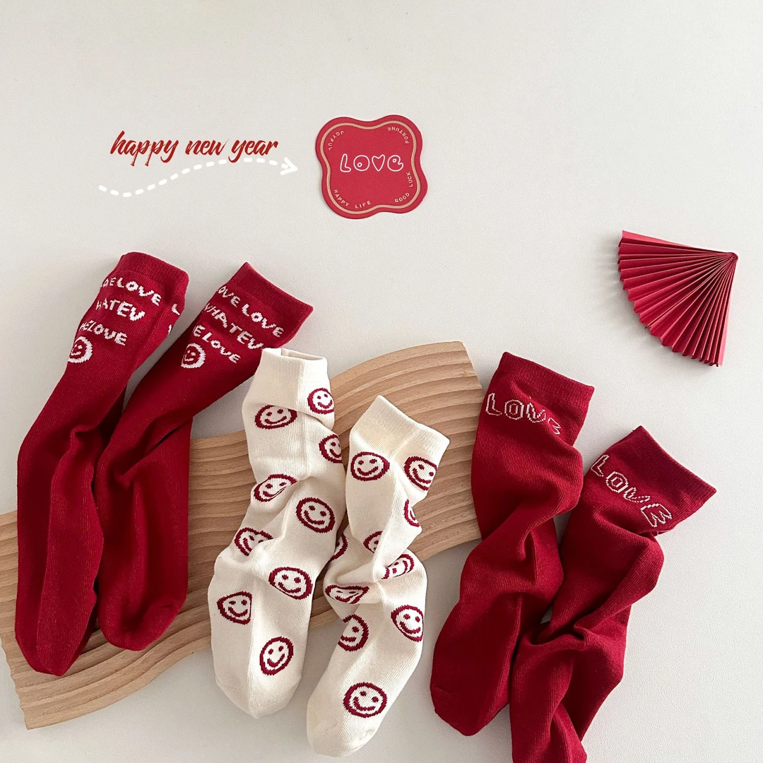 【3双装】儿童袜红色新年袜子男女童喜庆本命年棉长筒袜笑脸亲子袜