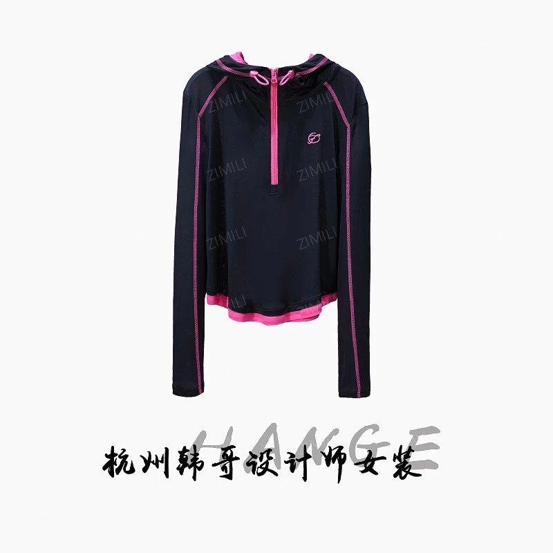 【韩哥女装】2025欧版新品小众黑色拉链连帽高弹打底上衣7999-A7