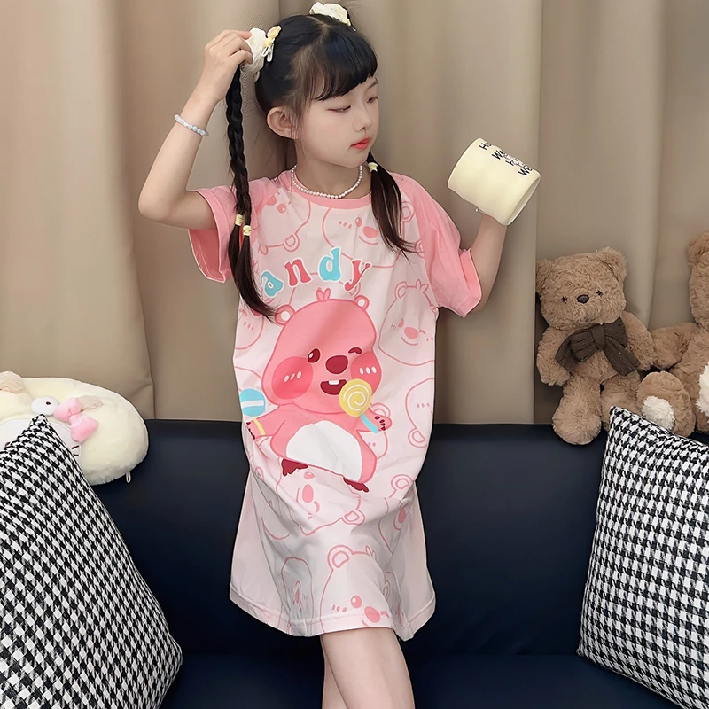 女童睡裙夏季纯棉短袖薄睡衣中大童女孩公主风可爱卡通儿童家居服