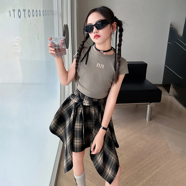 女大童炸街潮服女孩6-12岁洋气夏装女童酷飒套装儿童格子裙两件套