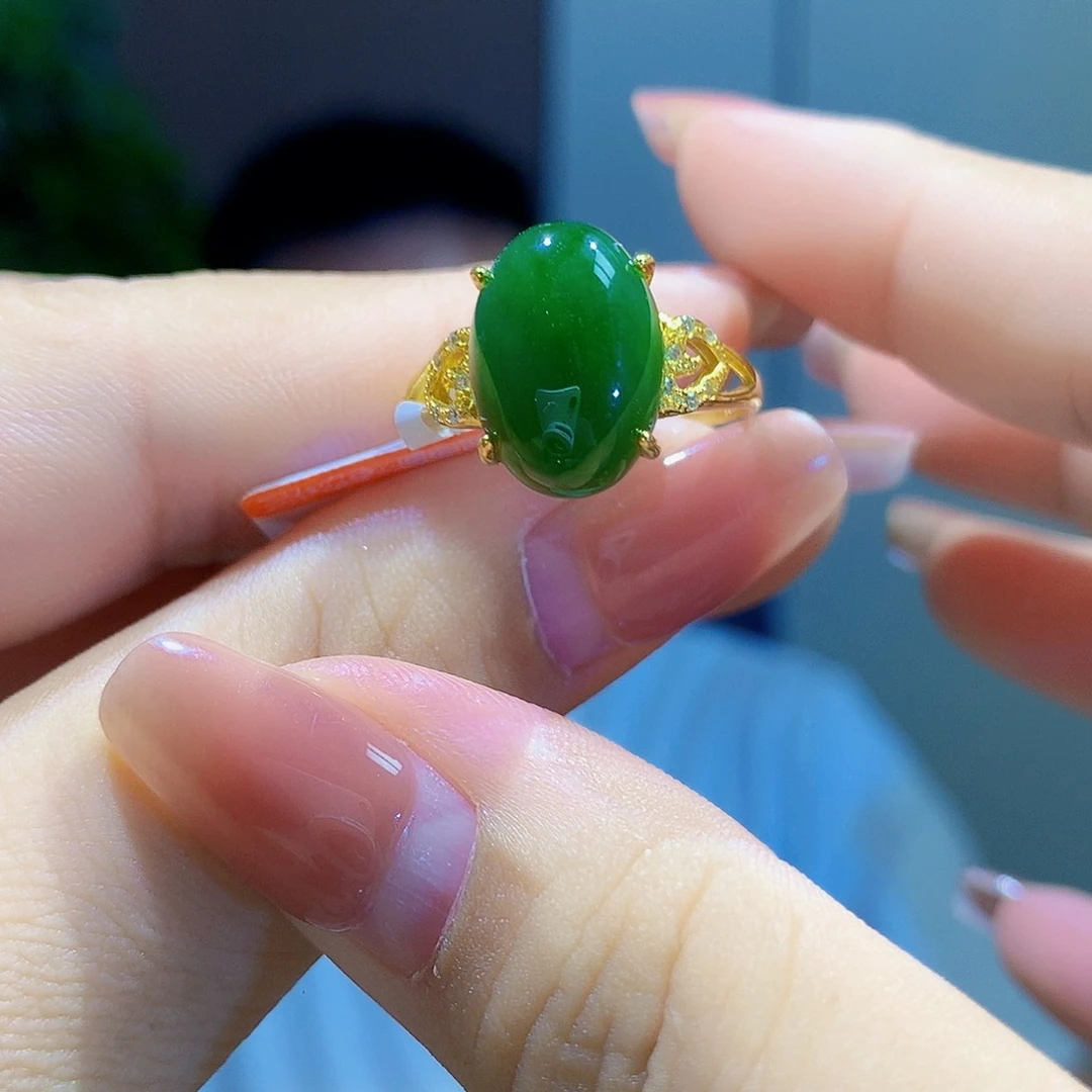 和田玉（碧玉）戒指银S925镀金镶嵌