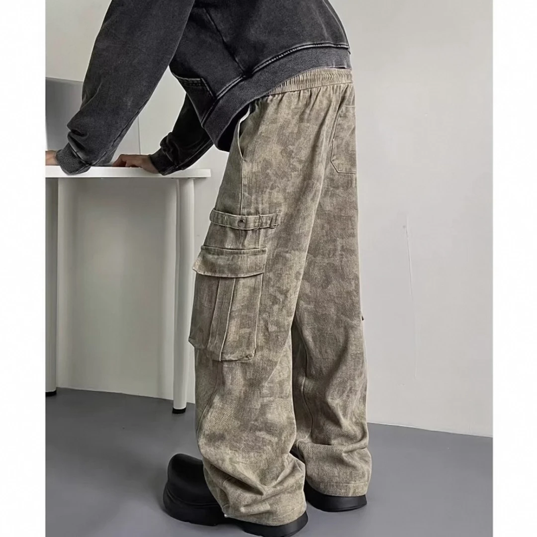 美式高街大口袋直筒休闲裤男女迷彩街头法式百搭工装裤-9062