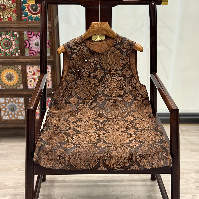 【孔方】新中式桑蚕丝提花圆领马甲上衣夏季时尚老钱风T恤国风女装