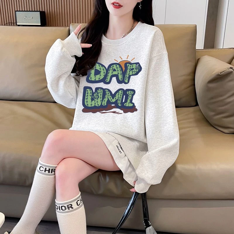 圆领套头卫衣女春秋季薄款休闲洋气印花假两件长袖上衣服美式百搭